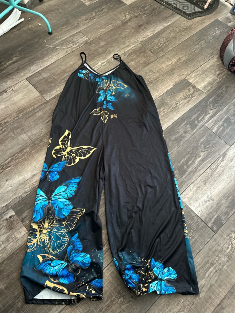 Black Jumpsuit with Blue & Gold Butterfly Print. XL  BP2